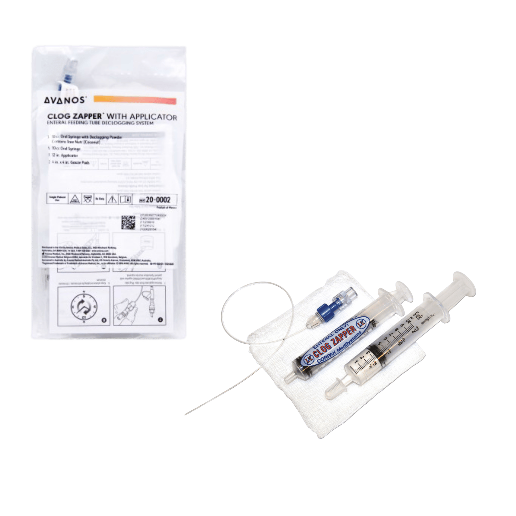 An AVANOS CLOG ZAPPER Enteral Feeding Tube Declogging System kit, showing its white product pouch alongside a white tray containing two syringes, an ENFit adapter, and a long flexible catheter tube, set against a transparent checkered background.