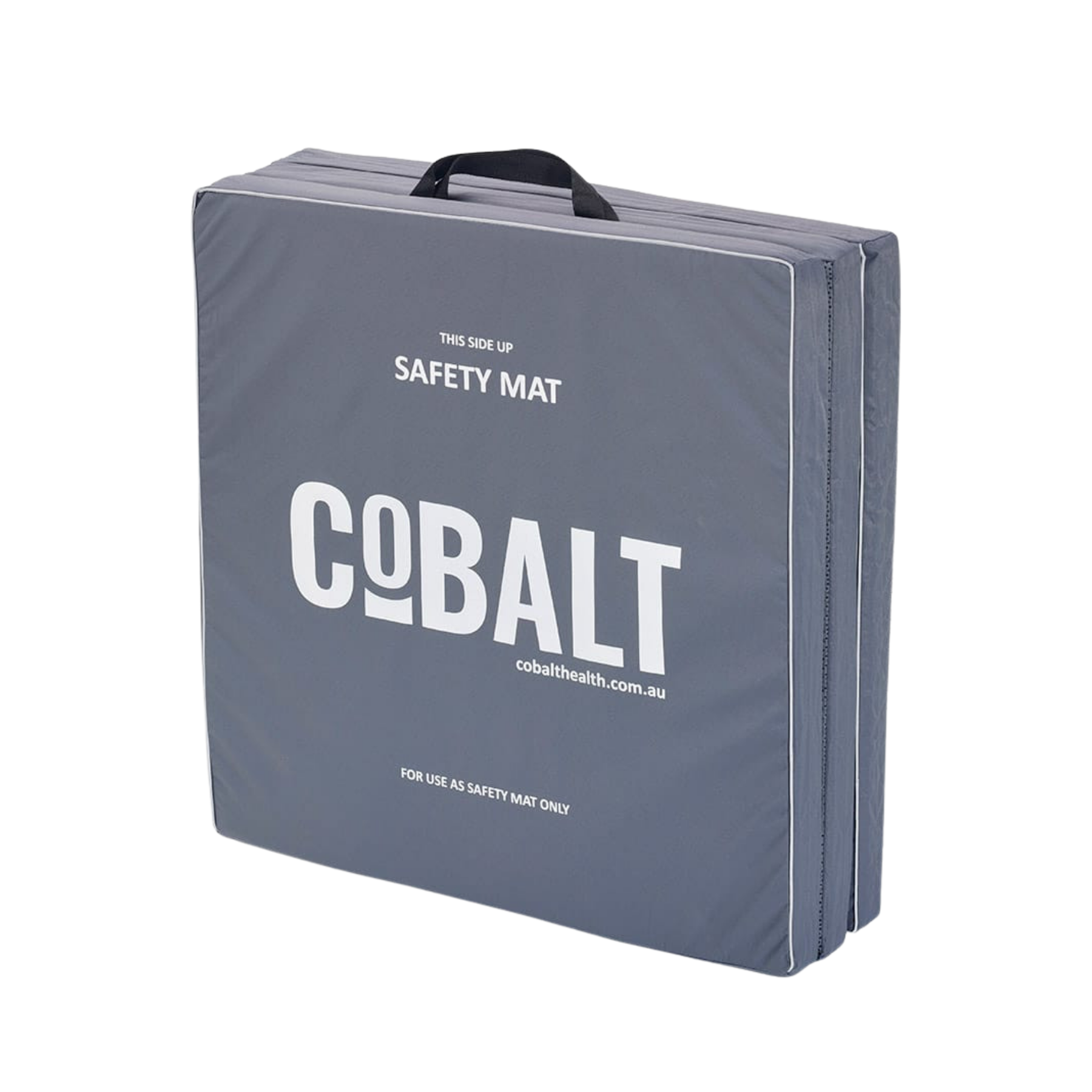 Dark gray tri-folding safety crash mat by Cobalt Health shown folded up with carry handles for easy storage and portability.