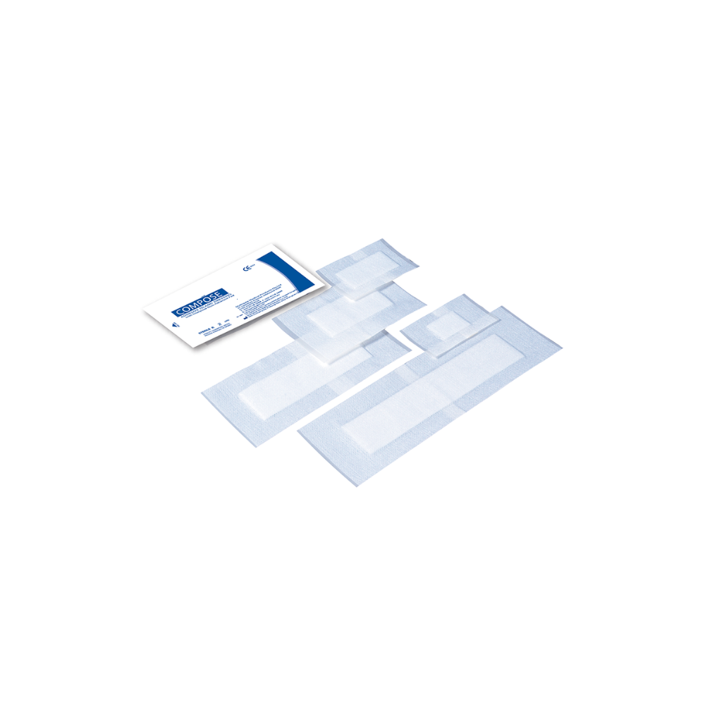 Transparent island dressing with an adhesive pad, packaged in a sterile medical wrapper.