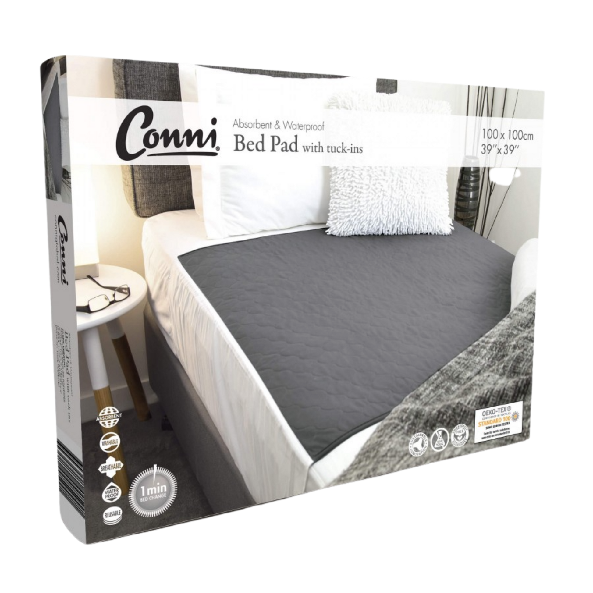 Packaging of Conni Bed Pad with Tuck-ins in charcoal color displayed in a home setting, indicating the product is for incontinence use.