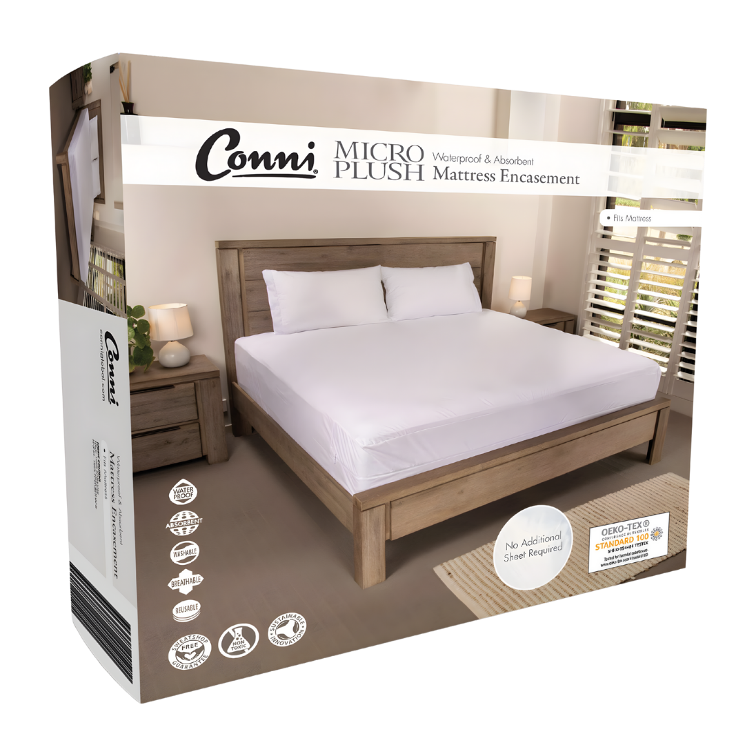 Conni Micro-Plush Waterproof Mattress Encasement in Single, Double, King Single, Queen and King sizes offers soft, washable full mattress coverage and protection.
