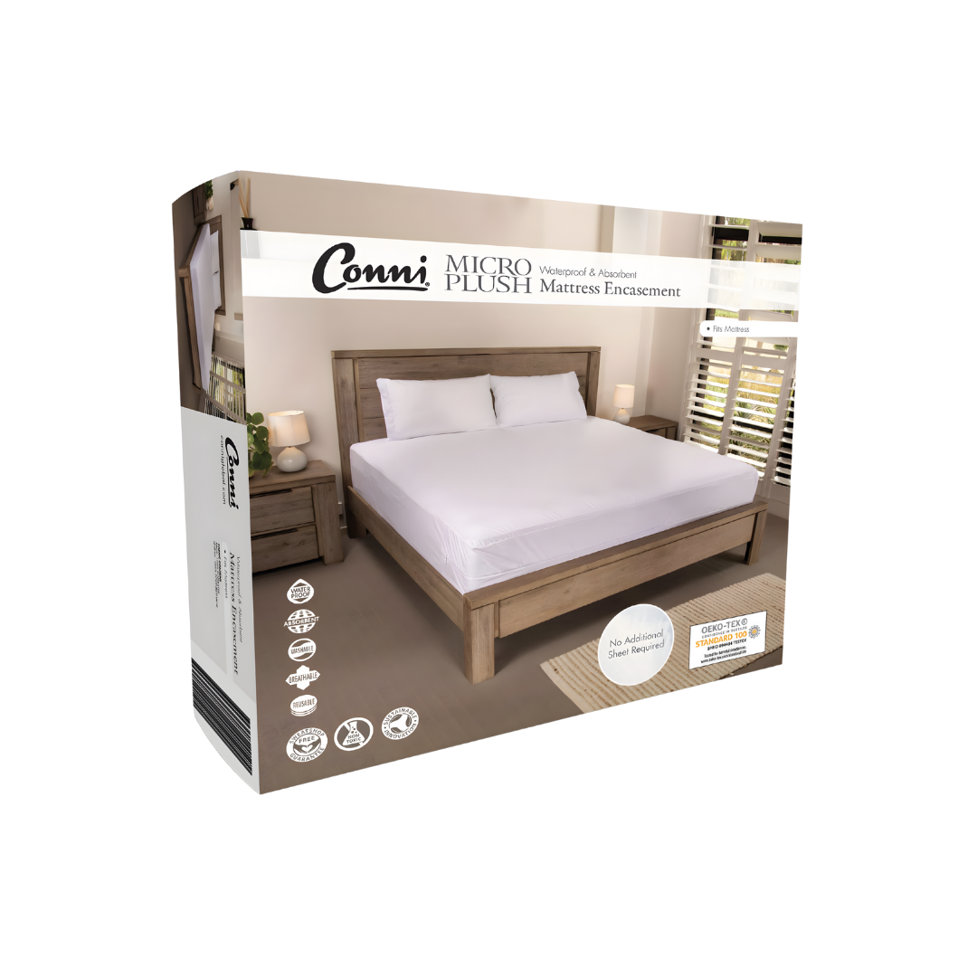 Conni Micro-Plush Waterproof Mattress Encasement in Single, Double, King Single, Queen and King sizes offers soft, washable full mattress coverage and protection.
