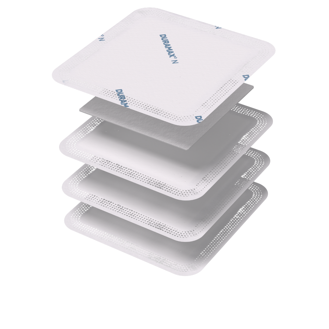 DURAMAX N non‑adhesive super absorbent dressing for moderate to heavily exuding wounds, gentle on fragile skin, reduces maceration, and improves comfort.