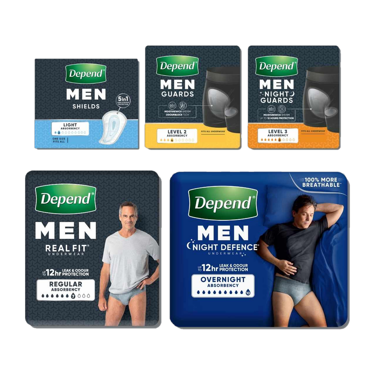 Depend for Men range including Shields, Guards, Night Guards, Real Fit Underwear and Night Defence Underwear