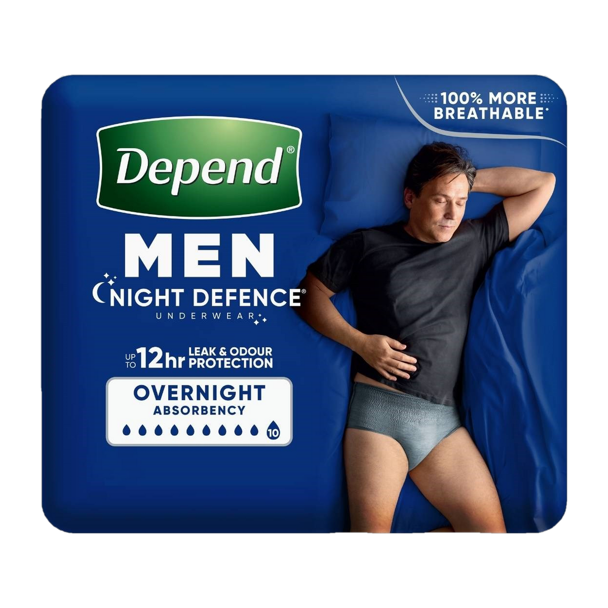 Depend Men Night Defence Underwear pack with overnight absorbency and up to 12 hour leak and odour protection