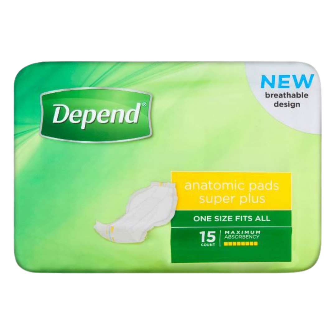 Depend Anatomic Super Plus Pads contoured unisex pad with maximum absorbency, wetness indicator, and anti-leak guards.