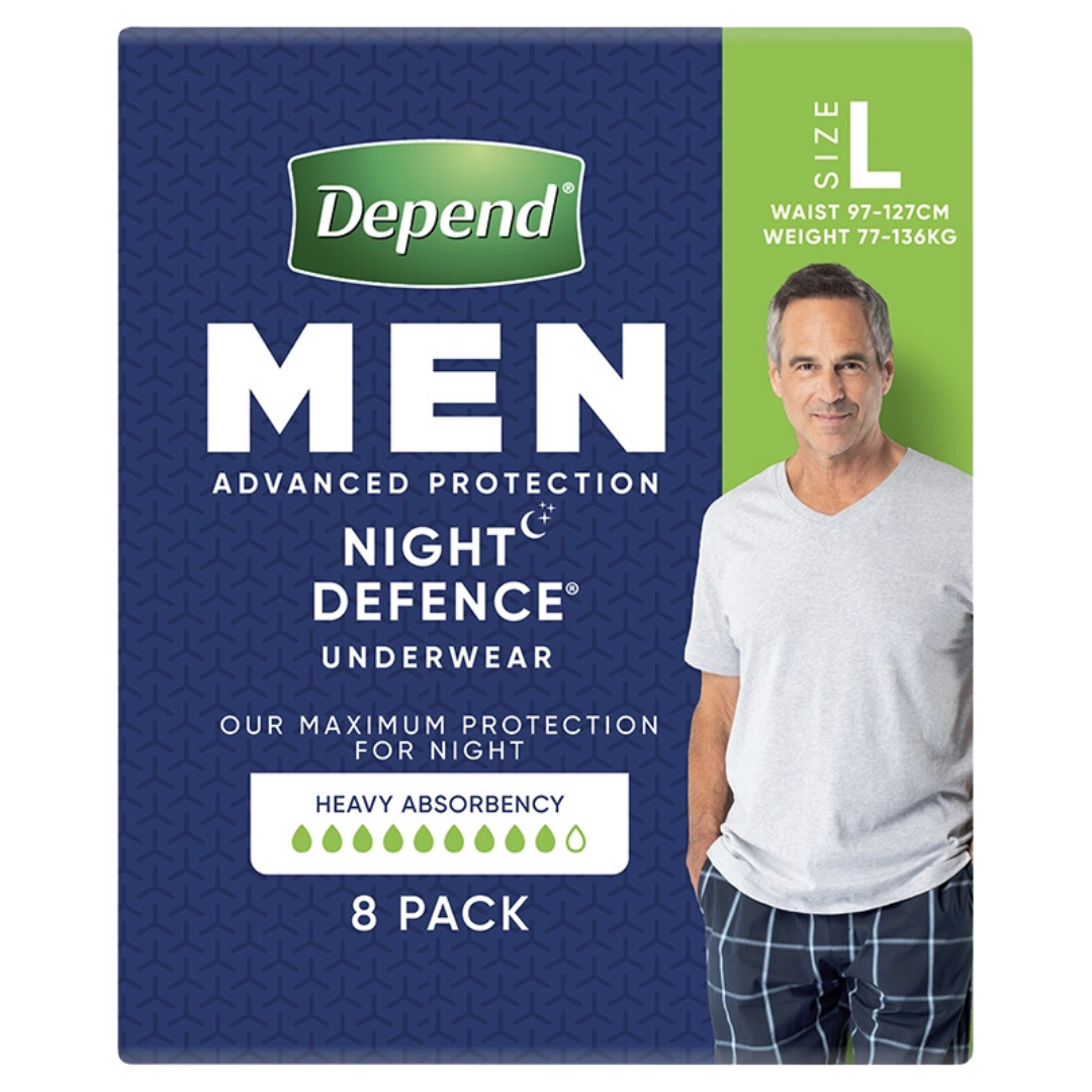 Depend Real Fit Underwear Night Defence For Men Large, discreet overnight protection with soft breathable fabric, tailored fit, and high absorbency.