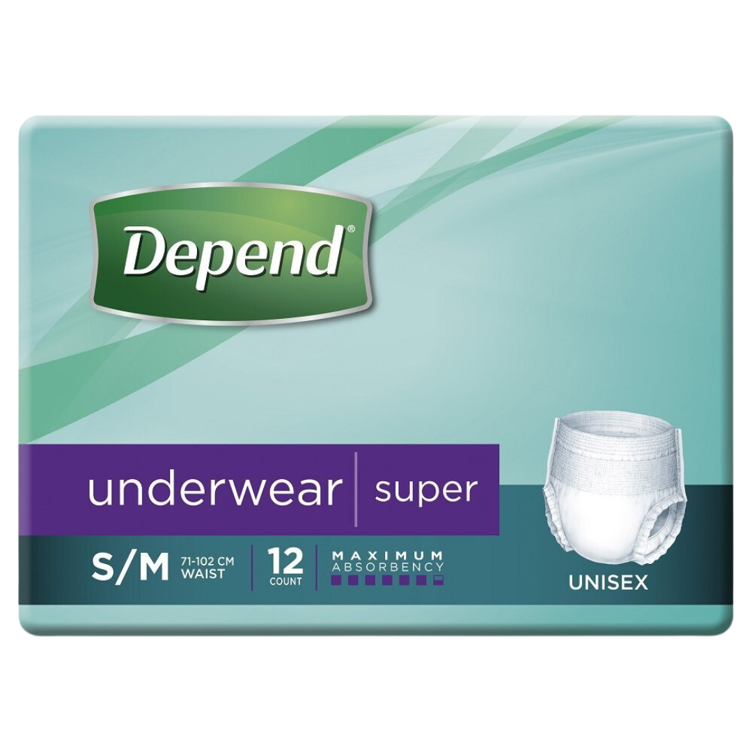 Depend Unisex Underwear Super in Medium, Large, and Extra Large sizes, discreet absorbent continence care solution offering comfort and reliable protection daily.