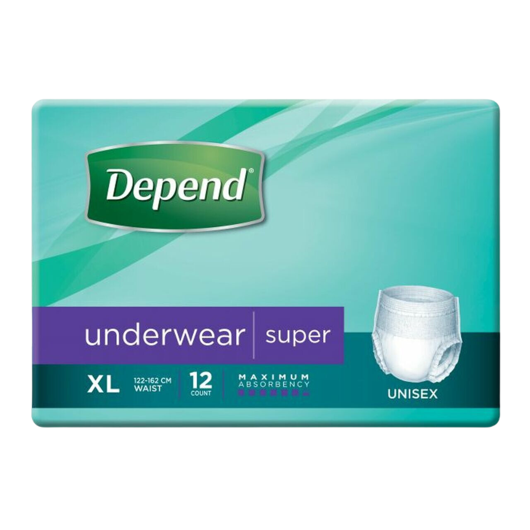 Depend Unisex Underwear Super in Medium, Large, and Extra Large sizes, discreet absorbent continence care solution offering comfort and reliable protection daily.