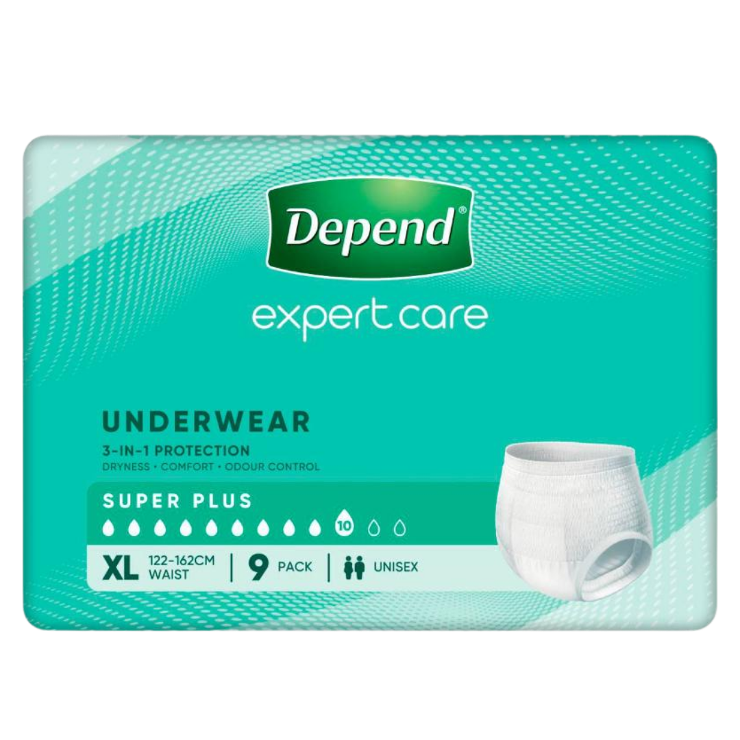 Depend Unisex Underwear Super Plus in sizes S to XL, discreet absorbent continence care solution offering comfort, dignity, and reliable protection daily.