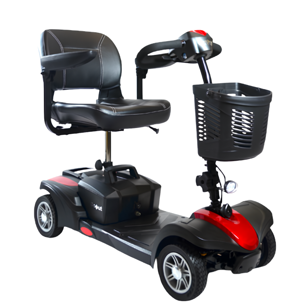 Drive Medical Scout Sport Quattro mobility scooter, compact 4‑wheel design, 130kg safe working load, adjustable seat, reliable performance for daily use.