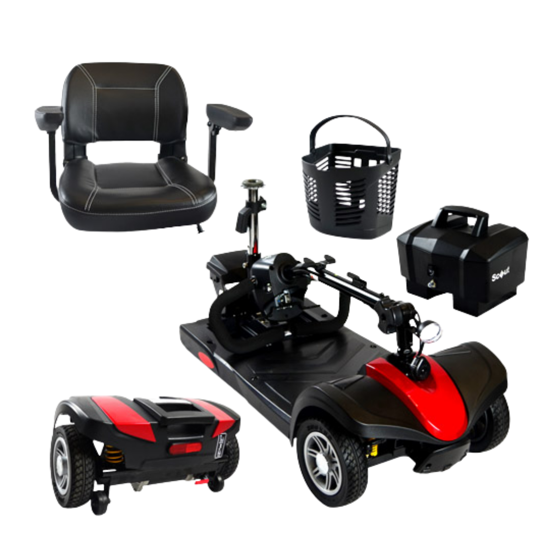 Drive Medical Scout Sport Quattro mobility scooter, compact 4‑wheel design, 130kg safe working load, adjustable seat, reliable performance for daily use.