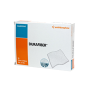 Durafiber 10x10cm wound dressing shown as a strong, absorbent gelling fibre dressing designed for moderate to heavy exudate and clean, intact removal.