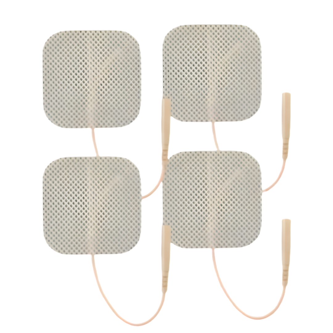 These Electrotherapy Replacement Electrodes measure 5cm x 5cm and come in a pack of four pads. They are designed for use with electrotherapy devices, providing effective muscle stimulation and pain relief during therapy sessions. The adhesive backing ensures secure placement on the skin.