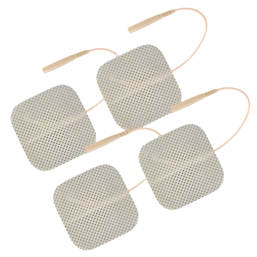 These Electrotherapy Replacement Electrodes measure 5cm x 5cm and come in a pack of four pads. They are designed for use with electrotherapy devices, providing effective muscle stimulation and pain relief during therapy sessions. The adhesive backing ensures secure placement on the skin.