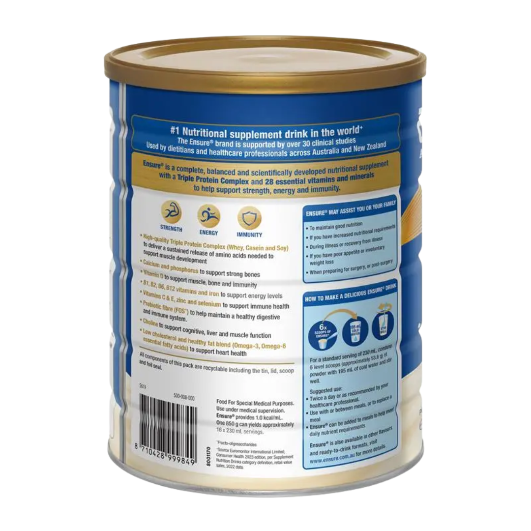 Ensure Powder 850g tin – complete adult nutrition formula for strength, immunity, and recovery