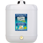 A white 10 litre bucket with a label that showcases the Enzyme Wizard brand and product information, indicating its use for bathroom and kitchen cleaning.