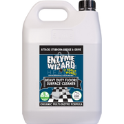 A white plastic bottle with a label that includes the brand name 'Enzyme Wizard' and the product name 'Heavy Duty Floor Cleaner'. The label has a checkered pattern and text detailing the product's properties and use.
