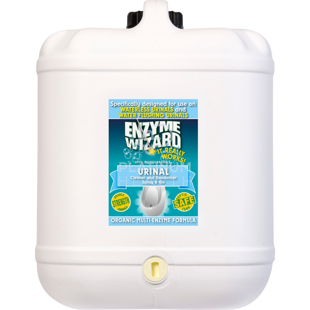 A white plastic container of Enzyme Wizard Urinal Cleaner & Deodoriser with product information and branding on the label.