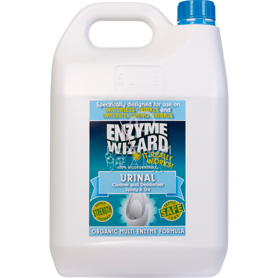 A 5 litre white plastic bottle with a blue cap labeled 'Enzyme Wizard Urinal Cleaner & Deodoriser'.