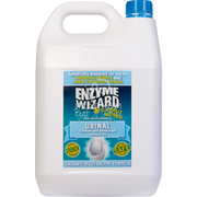 A 5 litre white plastic bottle with a blue cap labeled 'Enzyme Wizard Urinal Cleaner & Deodoriser'.