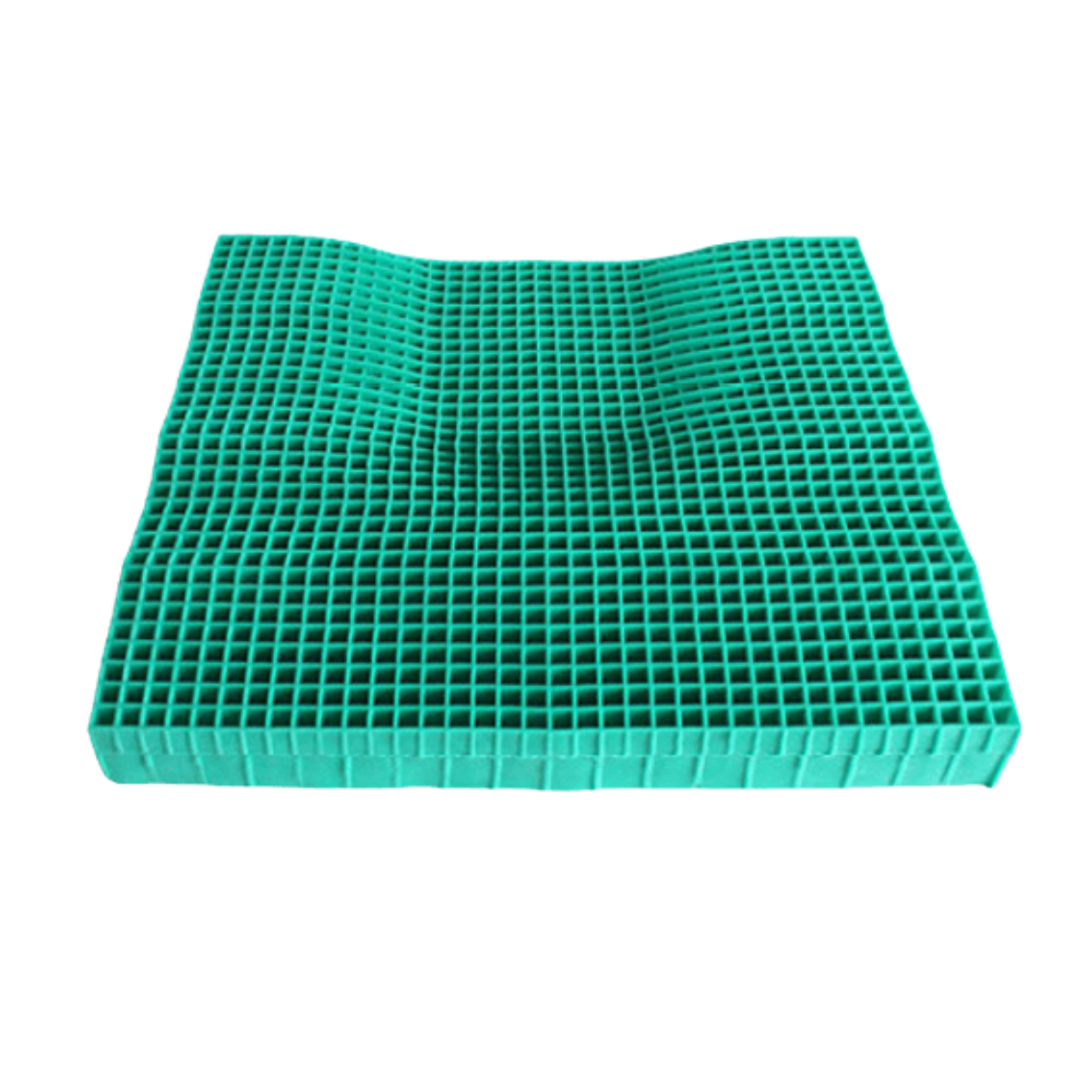 Teal-green gel grid cushion insert for the EquaGel General Pressure Cushion, featuring a contoured column-buckling gel design for pressure care.