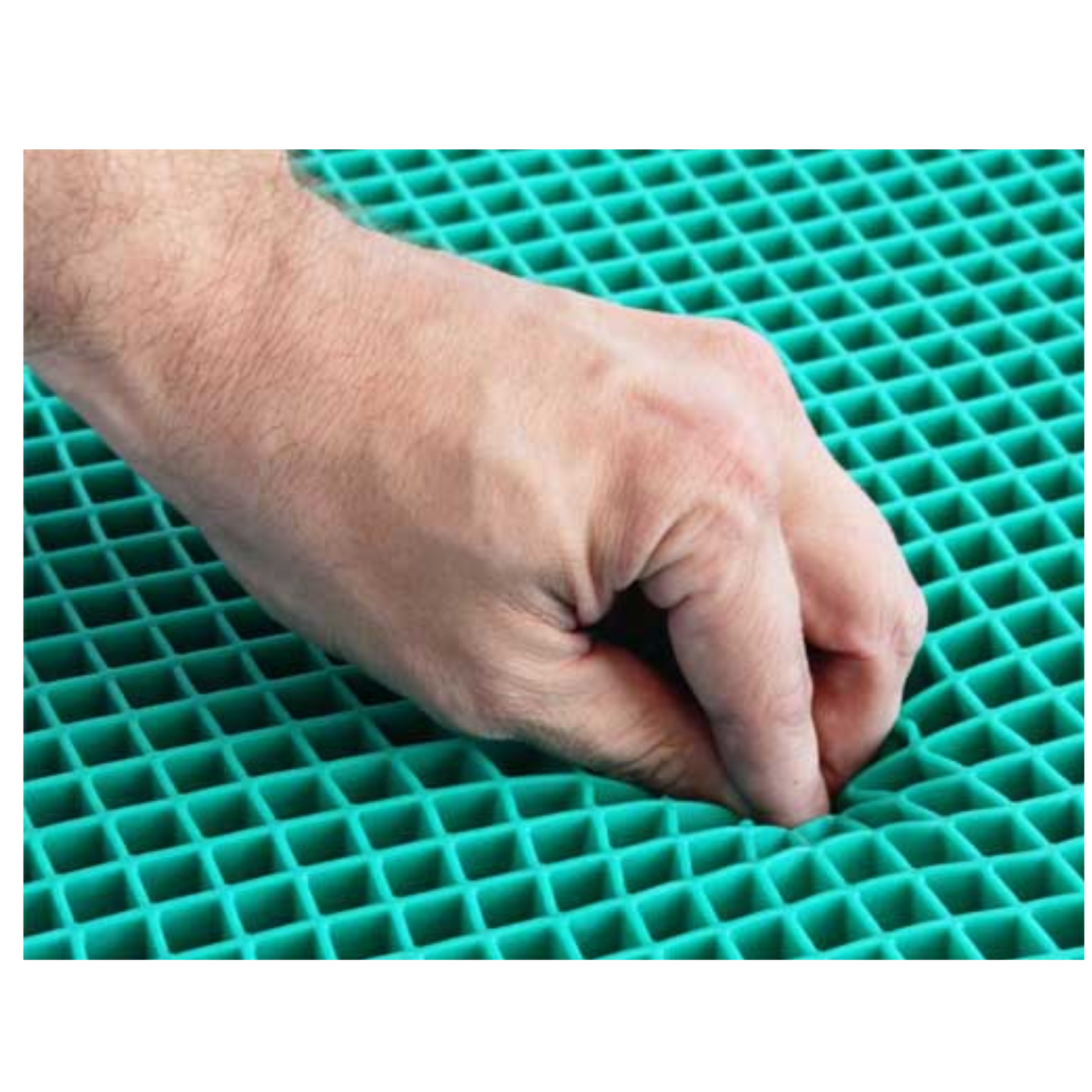 Close-up of a hand pressing into the teal-green open grid structure of an EquaGel pressure care cushion to demonstrate flexibility.