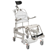 Etac Alto Electronic Shower Commode with Pan Holder – height-adjustable mobile commode chair for safe toileting and showering.