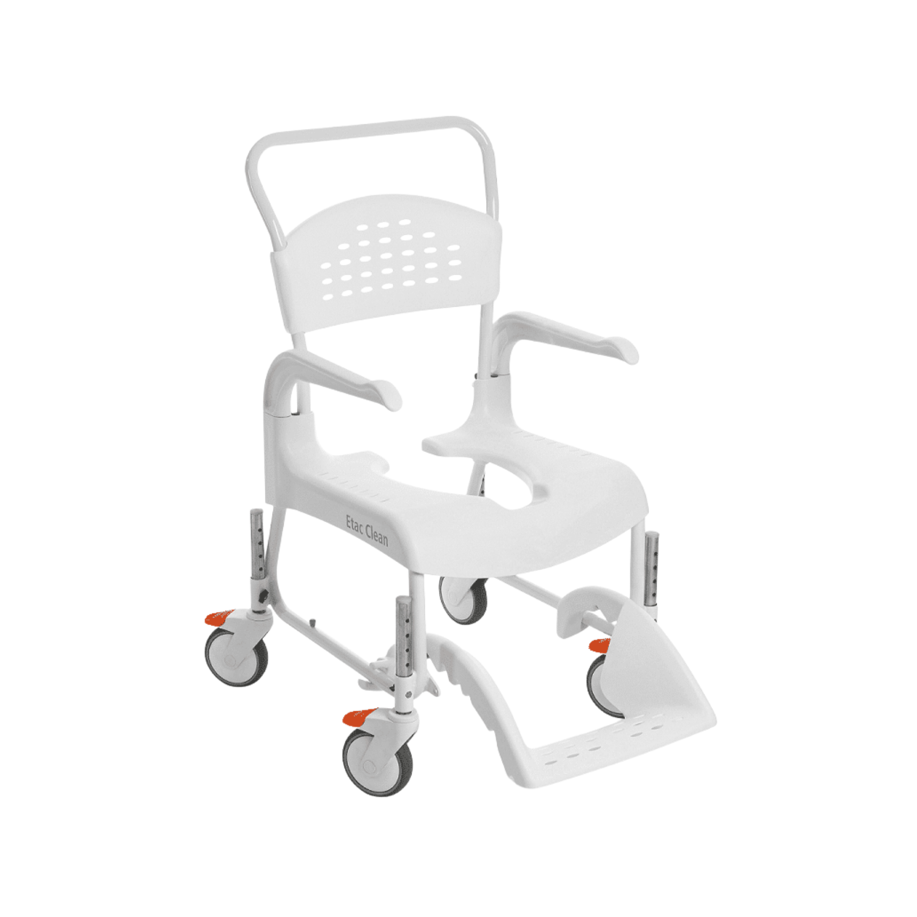 Angled view of a white Etac Clean height-adjustable mobile shower commode chair, featuring a push handle, perforated backrest, armrests, open seat, footrest, and four caster wheels.