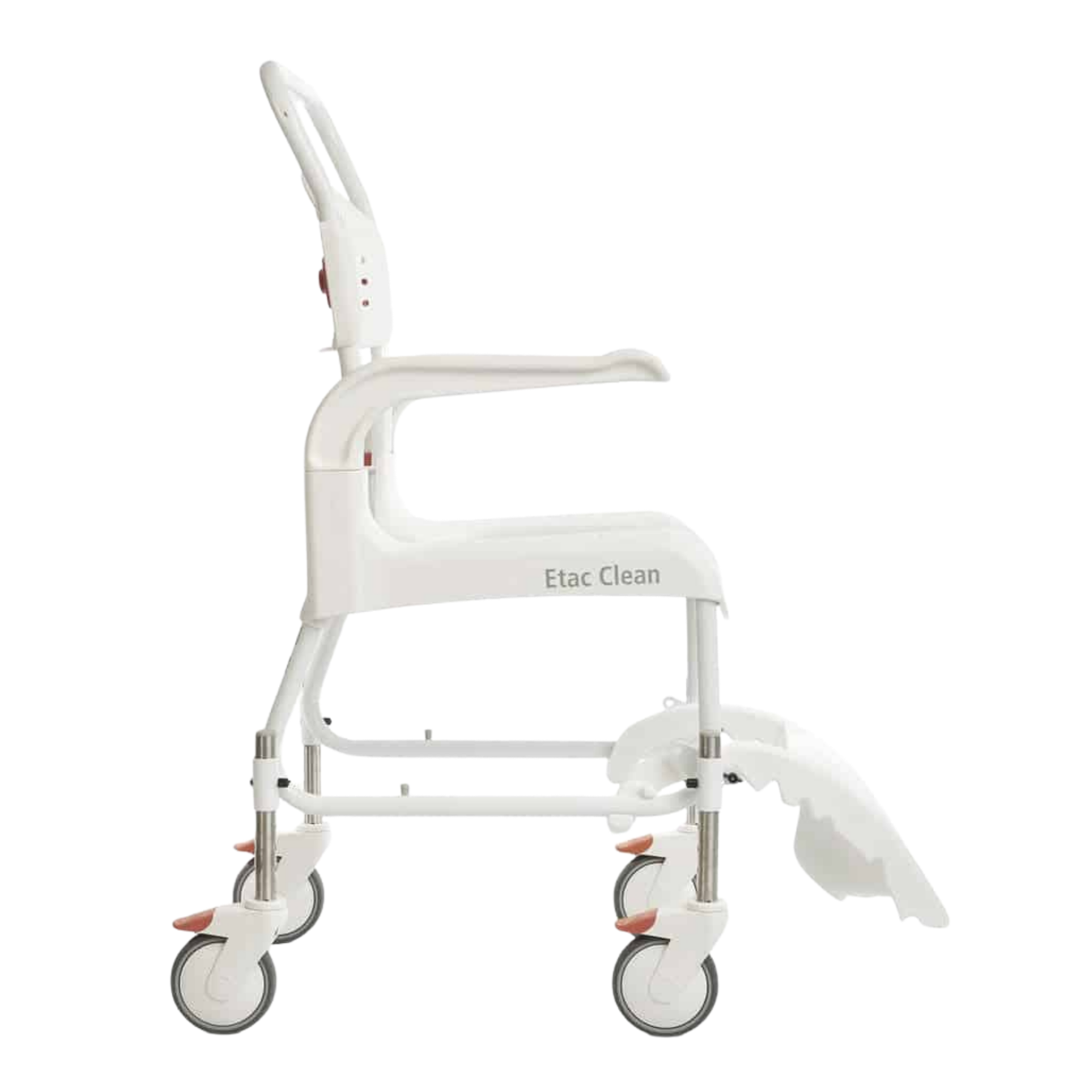 Profile view of a white Etac Clean height-adjustable mobile shower commode chair, showing the side frame structure, armrests, curved footrest, and lockable caster wheels.