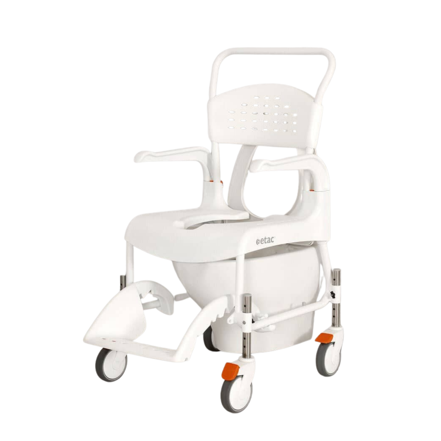 White Etac Clean height-adjustable mobile shower commode chair featuring a perforated backrest, armrests, removable commode pan underneath, footrest, and lockable caster wheels.