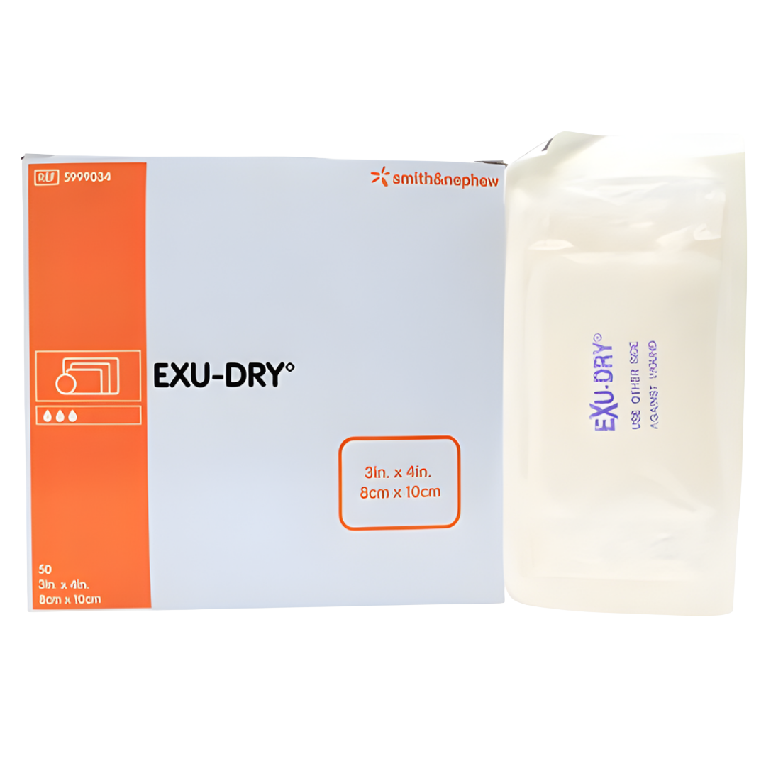 Exu-Dry Wound Dressing 3 x 4in providing gentle, high‑absorbency protection for small wounds, supporting moisture control and low‑trauma dressing changes.