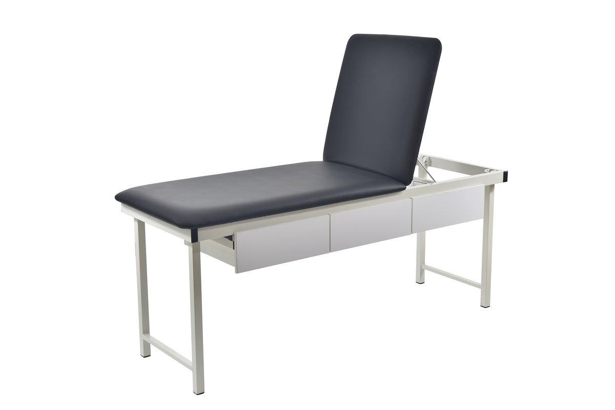 Free Standing Treatment Couch With Drawers in black, backrest raised, with storage drawers under the cushioned top