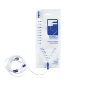 Farrell Value System Continuation Gastric Pressure Relief bag with a coiled clear tubing connector, shown on a solid green background.