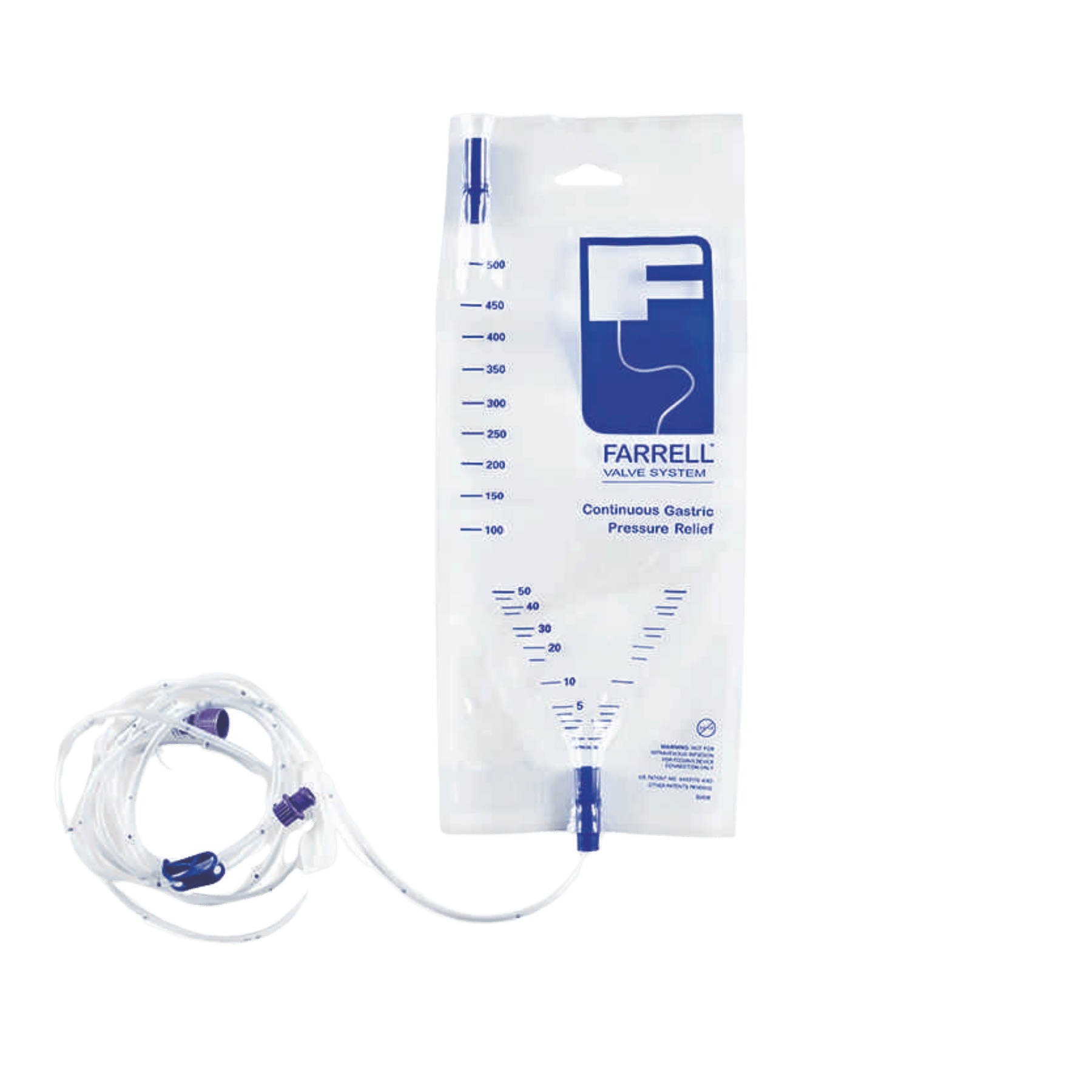 Farrell Value System Continuation Gastric Pressure Relief bag with a coiled clear tubing connector, shown on a solid green background.