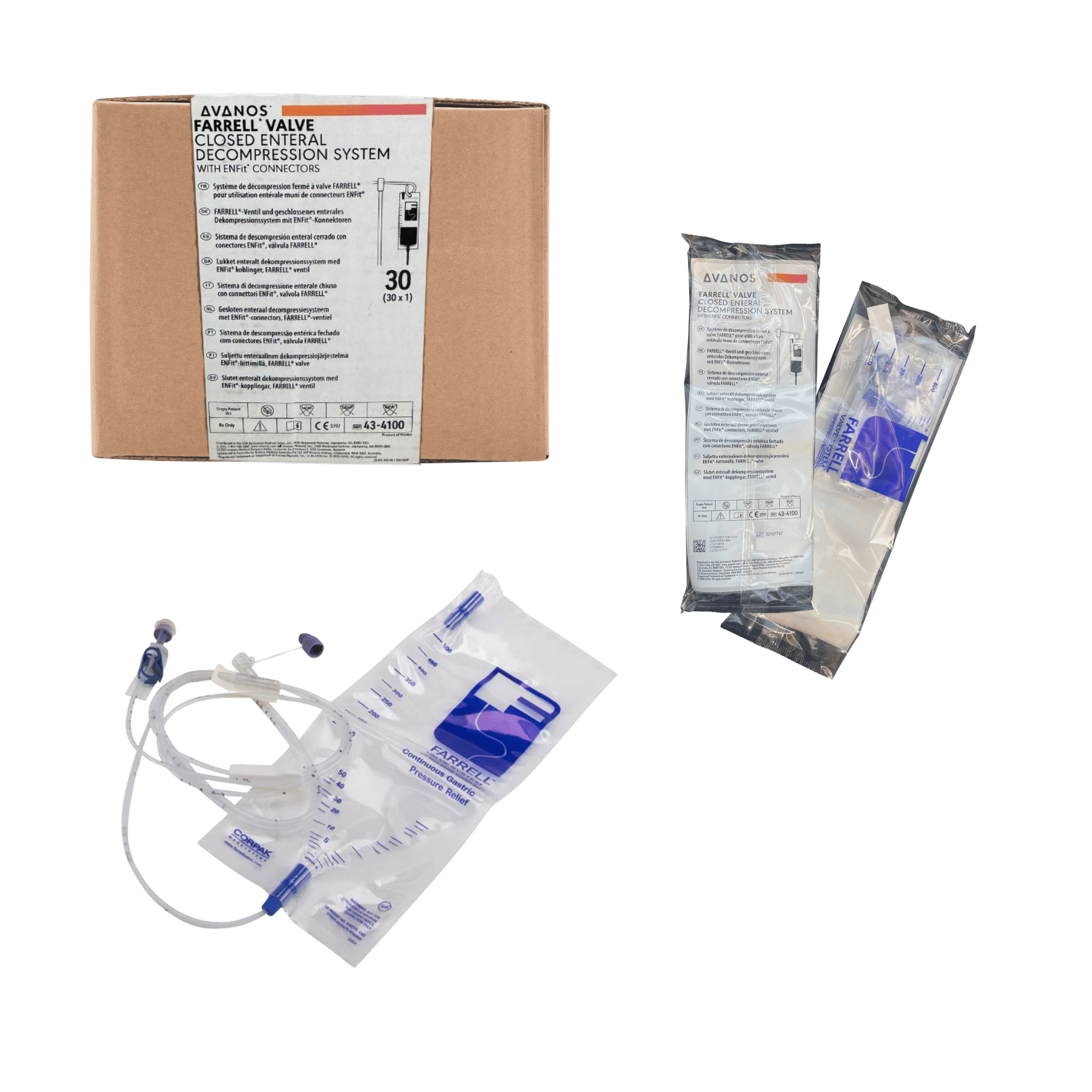 An AVANOS FARRELL Valve Closed Enteral Decompression System product packaging display featuring a brown cardboard box, a sealed clear package, and an unsealed pouch with the decompression bag and tubing assembly