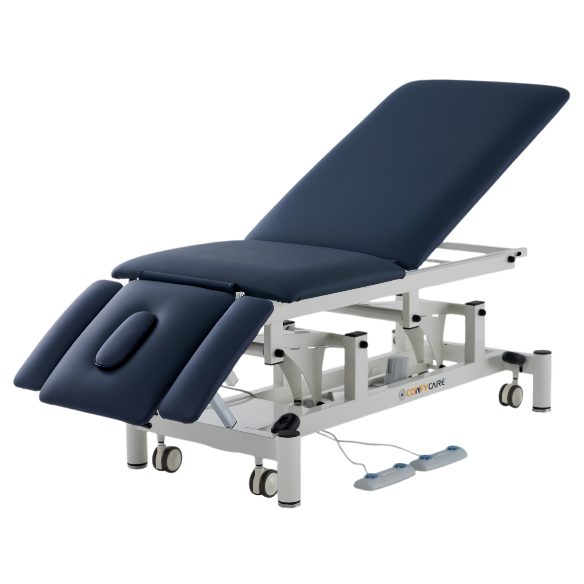 Five-section medical treatment couch with postural drainage capability, adjustable headrest, and independent armrests. Electric height-adjustable physiotherapy table by ComfyCare on a white wheeled base.