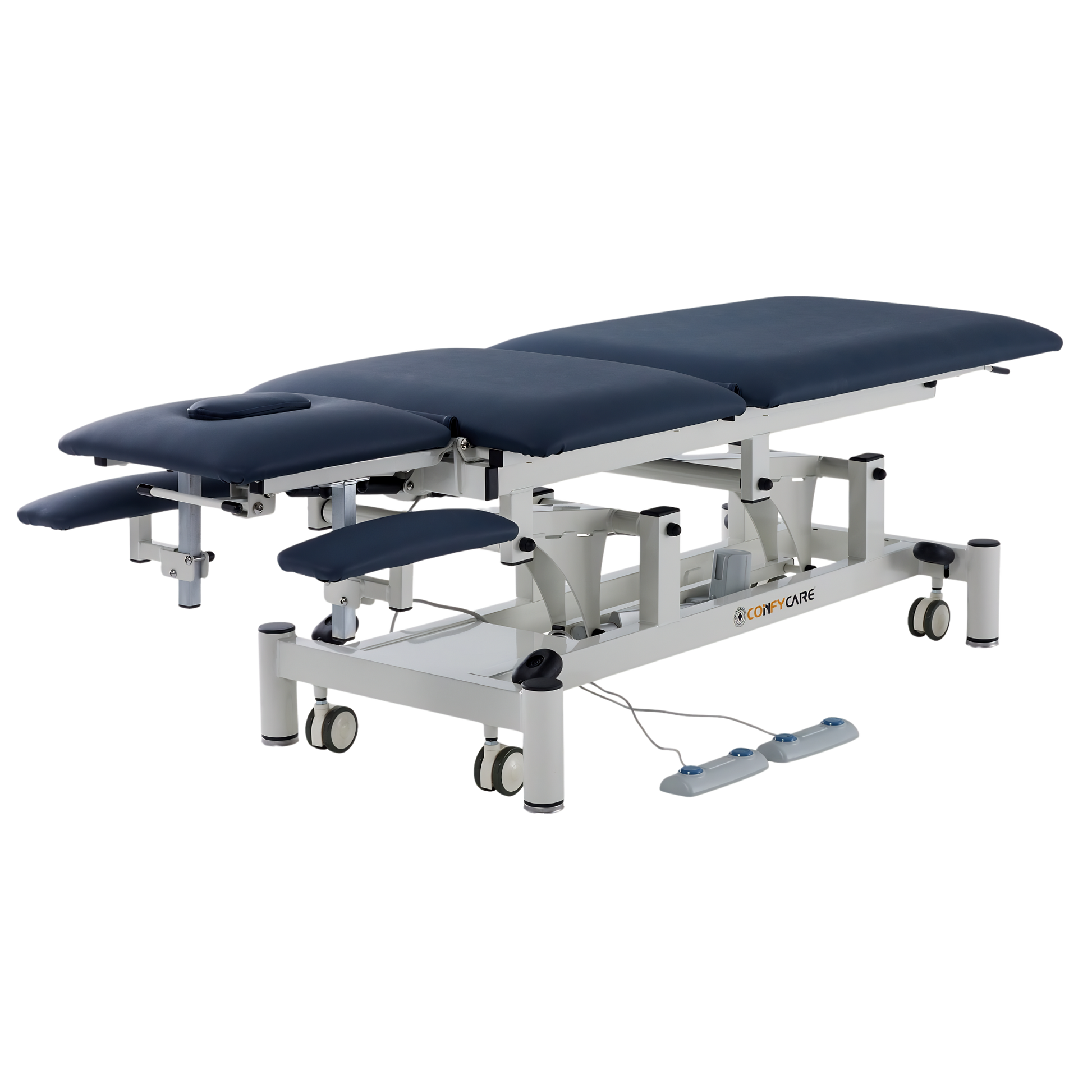 Five-section navy blue electric treatment couch with adjustable head and armrest sections.