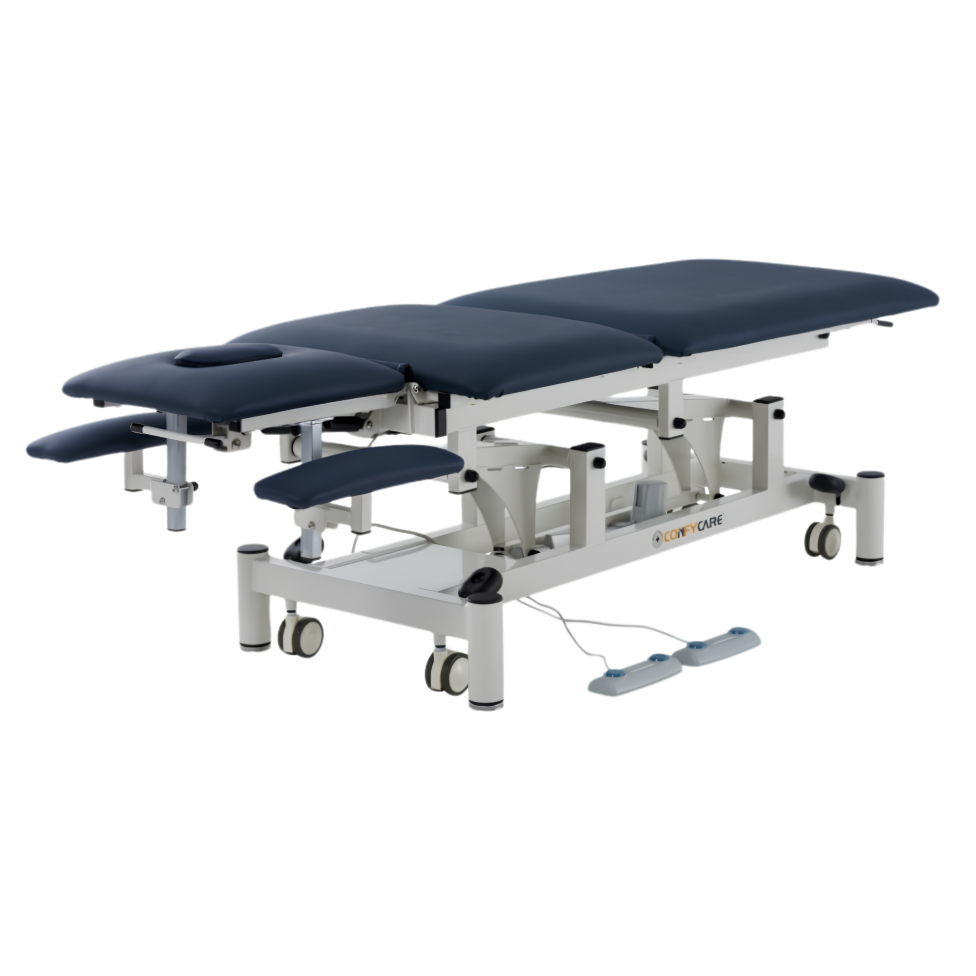 Five-section ComfyCare electric treatment couch in navy blue and white, featuring adjustable sections for postural drainage, an integrated face hole, lower armrest supports, and hands-free foot pedal controls.