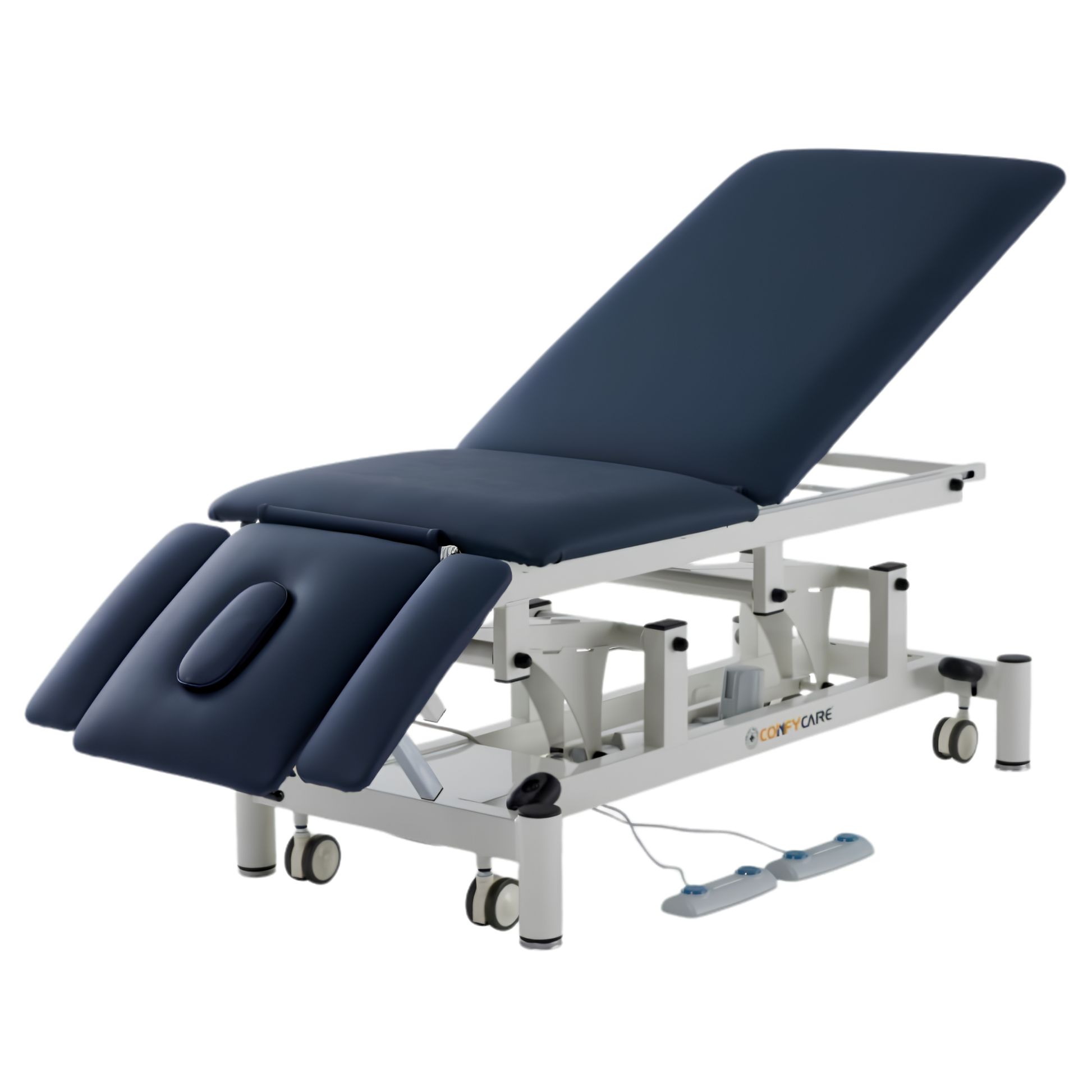 ComfyCare five-section electric therapy couch in navy blue and white, with the large backrest section in a fully reclined/raised position.