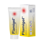 Tube of Flamigel hydro-active wound care gel, designed to promote faster healing, relieve minor burns, and minimise scarring for cuts, abrasions, and superficial skin injuries.