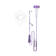 Product image of a Flocare Infinity Enteral Feeding Bottle Set with an integrated Y-port and drip chamber, featuring purple cap components, clear tubing, and a pump cassette shown alongside a coiled protective ring on a transparent background.