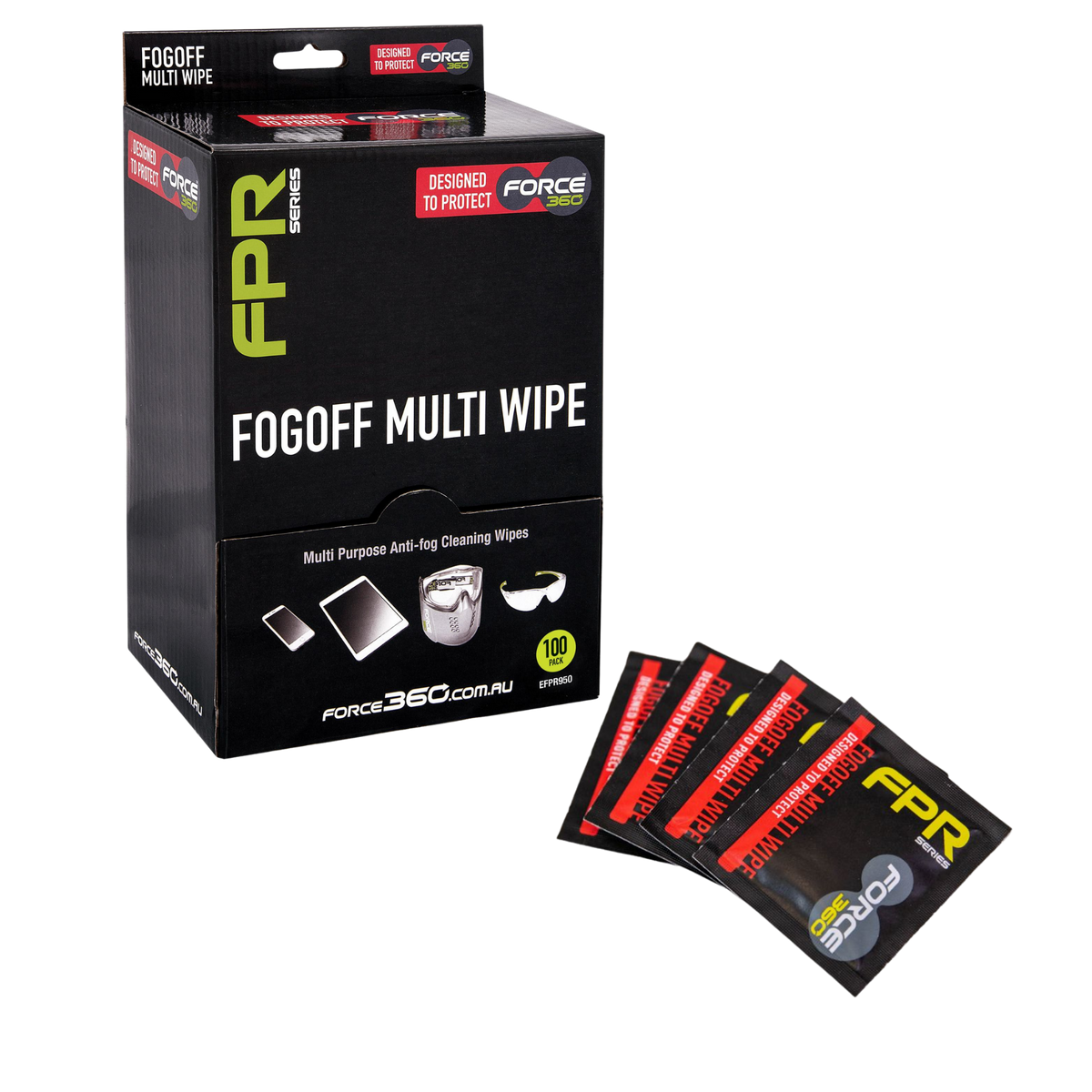 Force360 FPR Series Fog Off Multi Wipe product display showing a black 100-count dispenser box alongside five individually wrapped foil sachets fanned out in front on a transparent background.