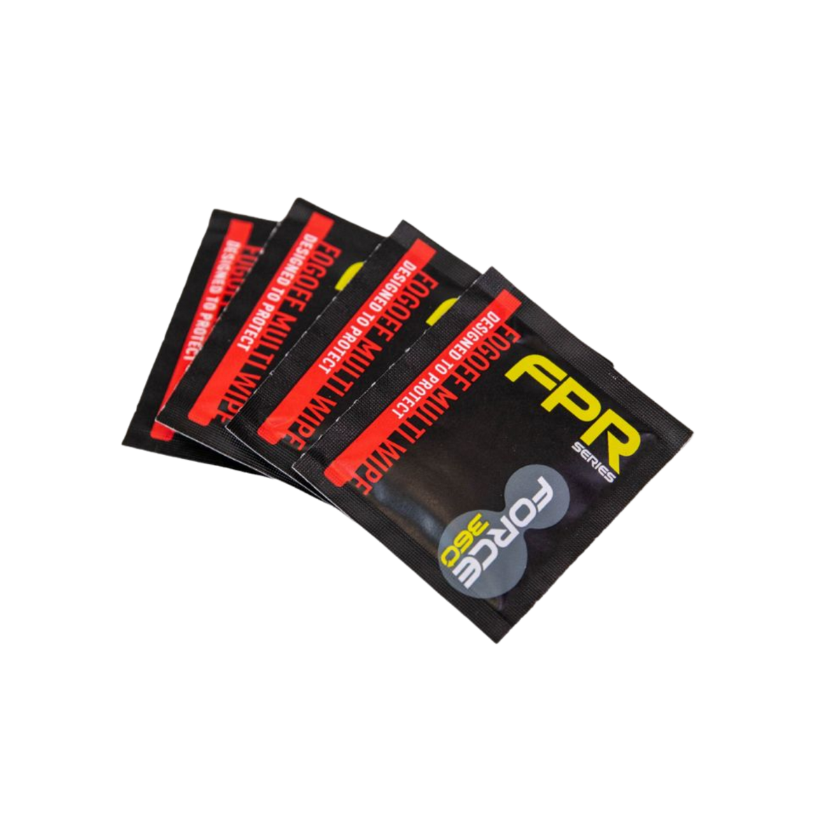 Four black foil sachets for Force360 FPR Series Fog Off Multi Purpose Anti-fog Cleaning Wipes, featuring green and white product branding, arranged in a fan display on a transparent background.