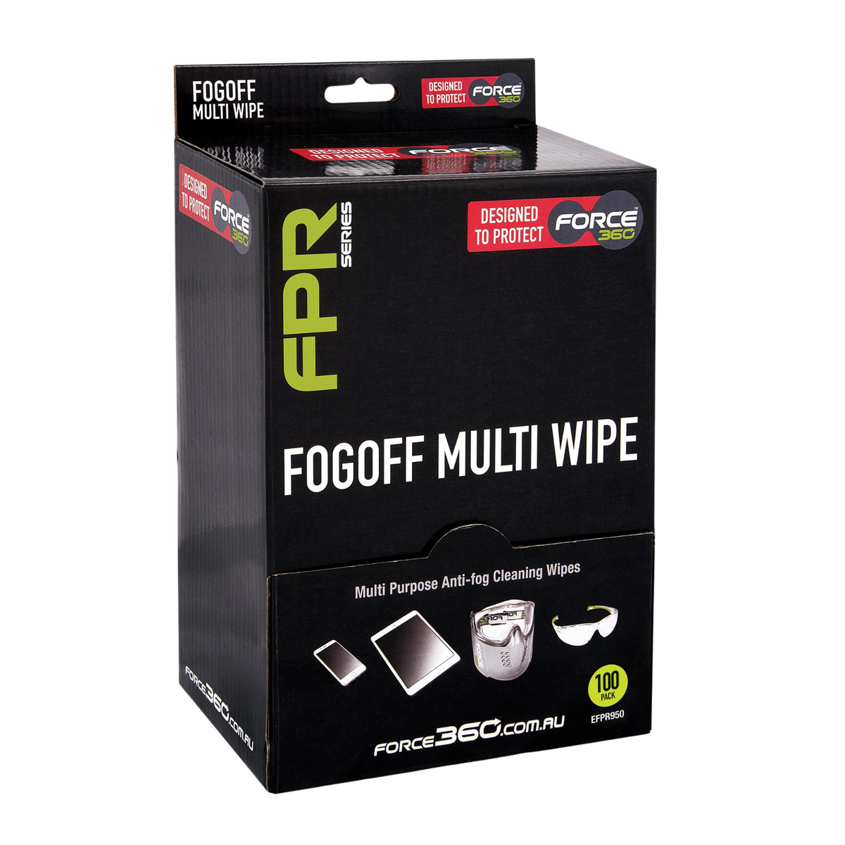 Black dispenser box for Force360 FPR Series Fog Off Multi Purpose Anti-fog Cleaning Wipes, featuring green, red, and white branding, product application icons, and a 100-pack badge on a transparent background.