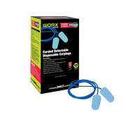 Force360 Worx Series Corded Detectable Disposable Earplugs retail dispenser box showing a 100-pair badge, displayed alongside a pair of light blue foam earplugs connected by a bright blue neck cord on a transparent background.