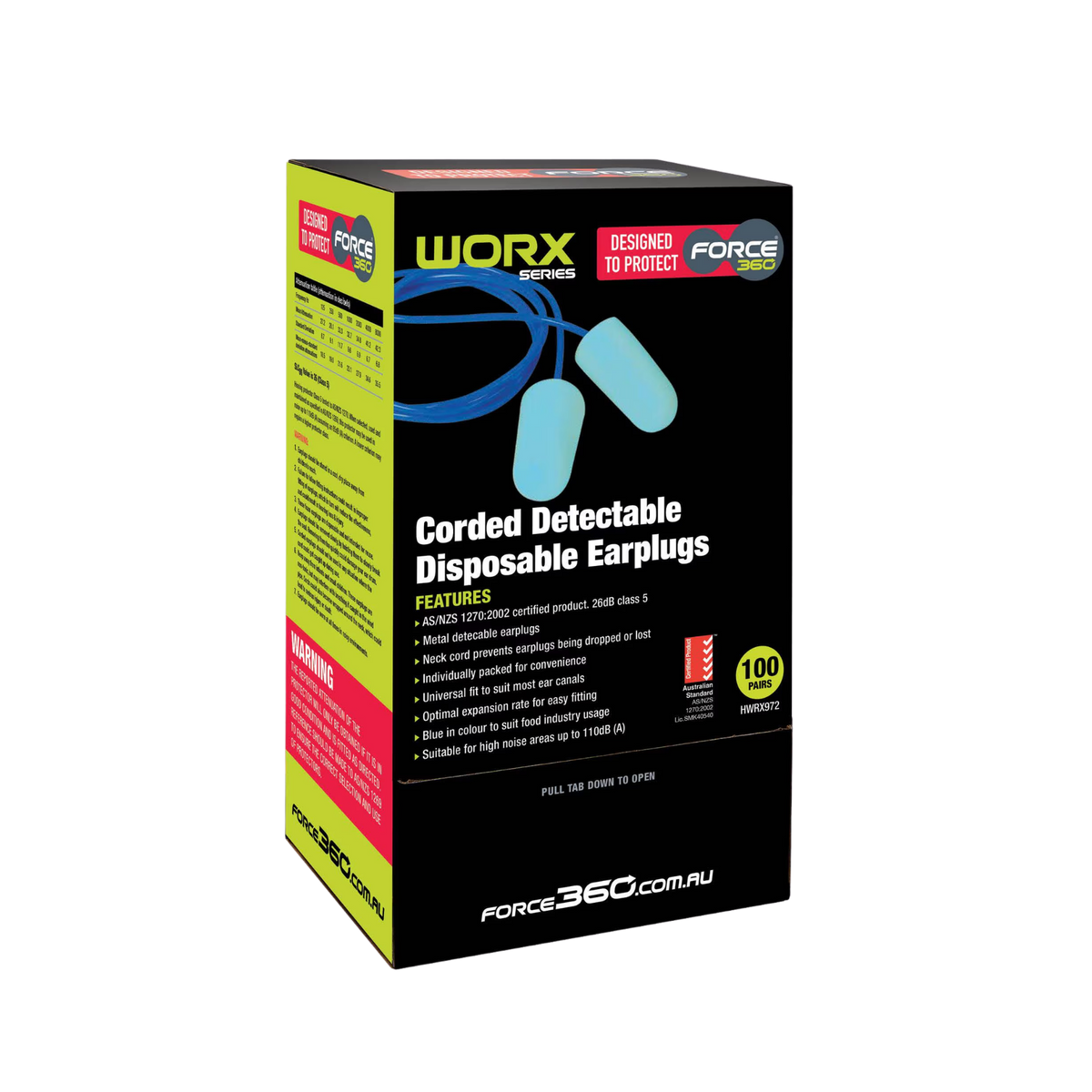 Dispenser box for Force360 Worx Series Corded Detectable Disposable Earplugs, displaying feature bullet points, product branding, and a 100-pair quantity badge on a transparent background.