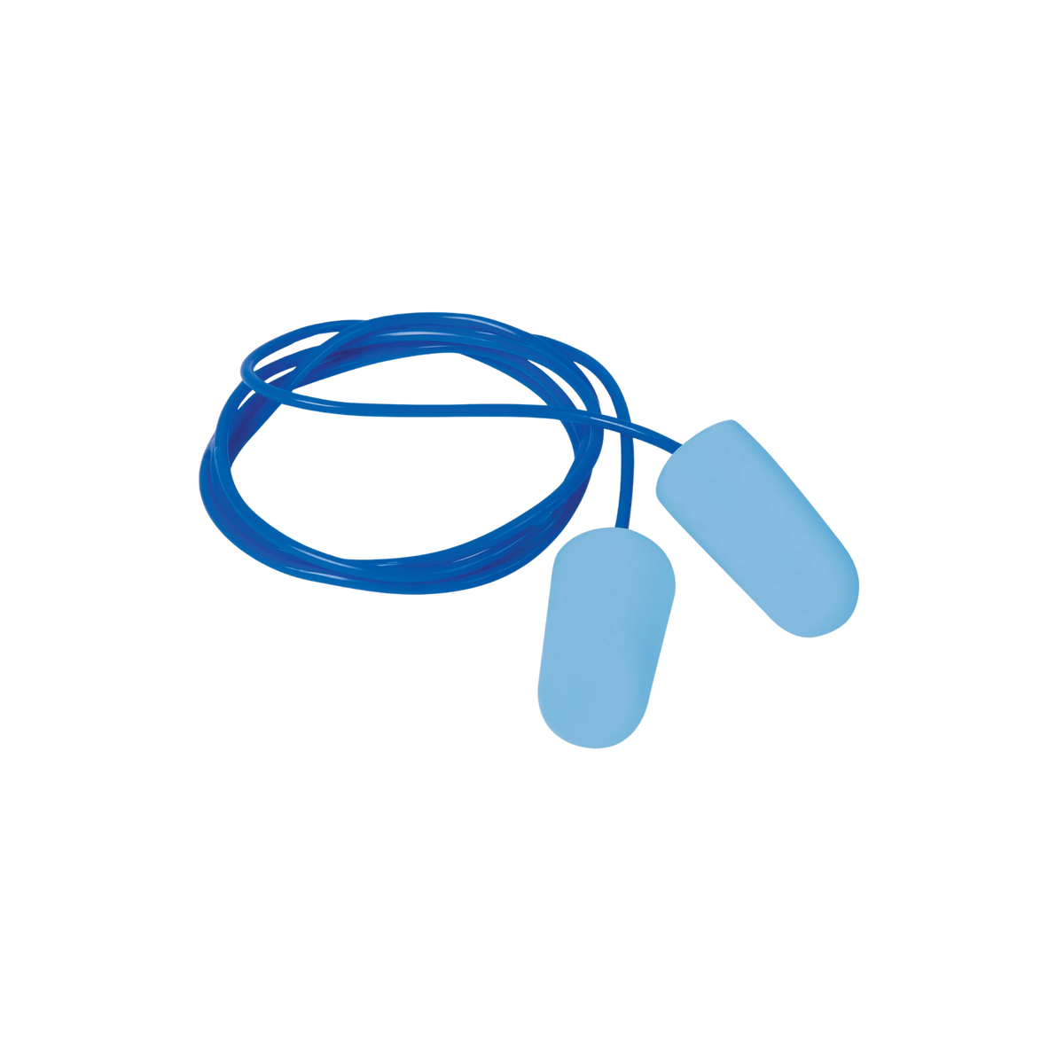 Pair of light blue foam earplugs connected by a coiled bright blue neck cord, designed for Force360 FoodSafe metal detectable hearing protection, shown on a transparent background.