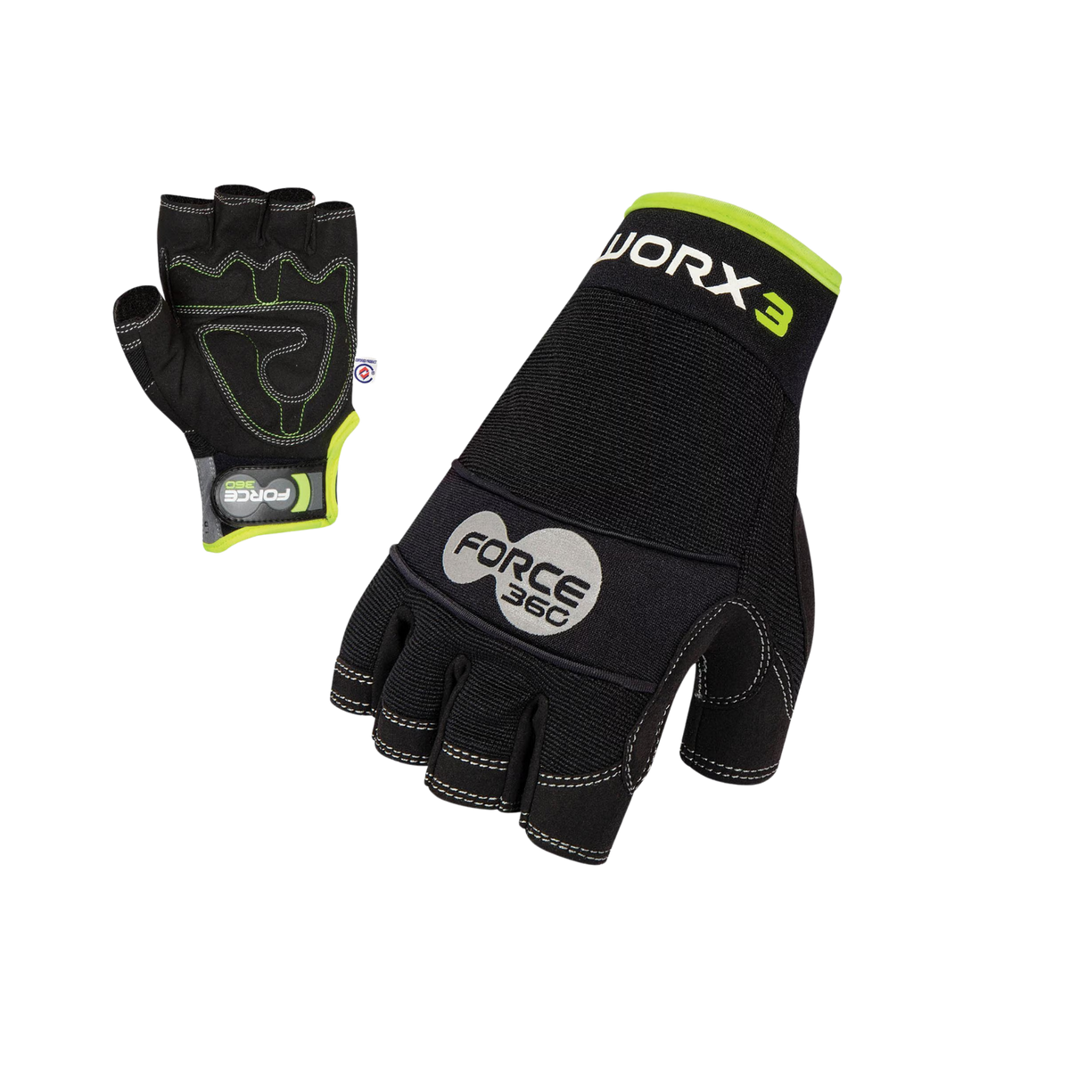 Pair of Force360 Original Mechanics Fingerless Gloves (WORX3) showing top hand and palm views on a transparent background.