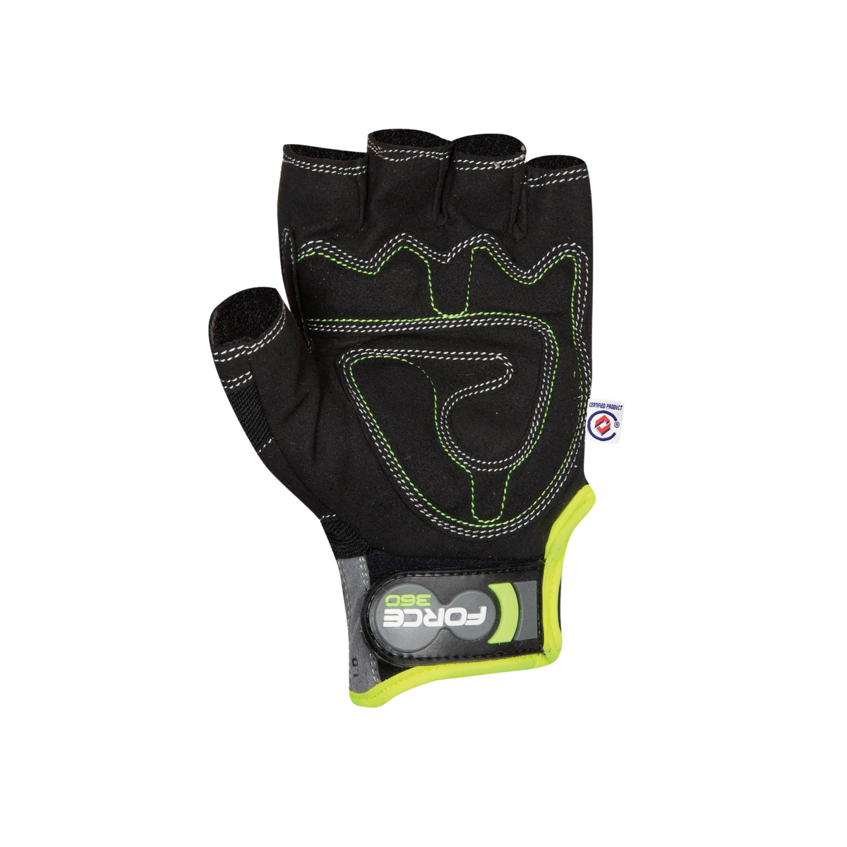 Product view of a single black Force360 Original Mechanics Fingerless Glove (WORX3), detailing the reinforced palm padding, high-visibility yellow edging, stitch detailing, and adjustable Velcro wrist strap, shown on a transparent background.
